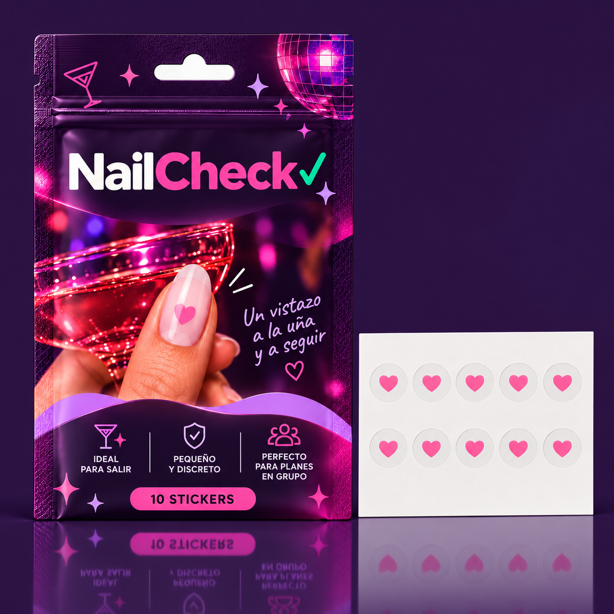 Sobre NailCheck y lámina de 10 pegatinas de corazón
