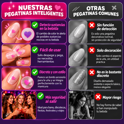 Comparativa: pegatinas NailCheck que detectan sustancias en la bebida frente a pegatinas de uñas comunes